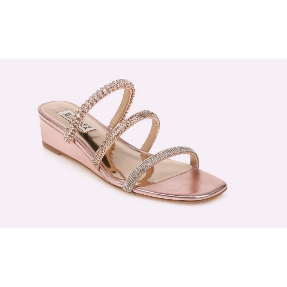 Badgley Mischka Zofia Crystal embellished low wedge sandals metallic pink sz 8.5